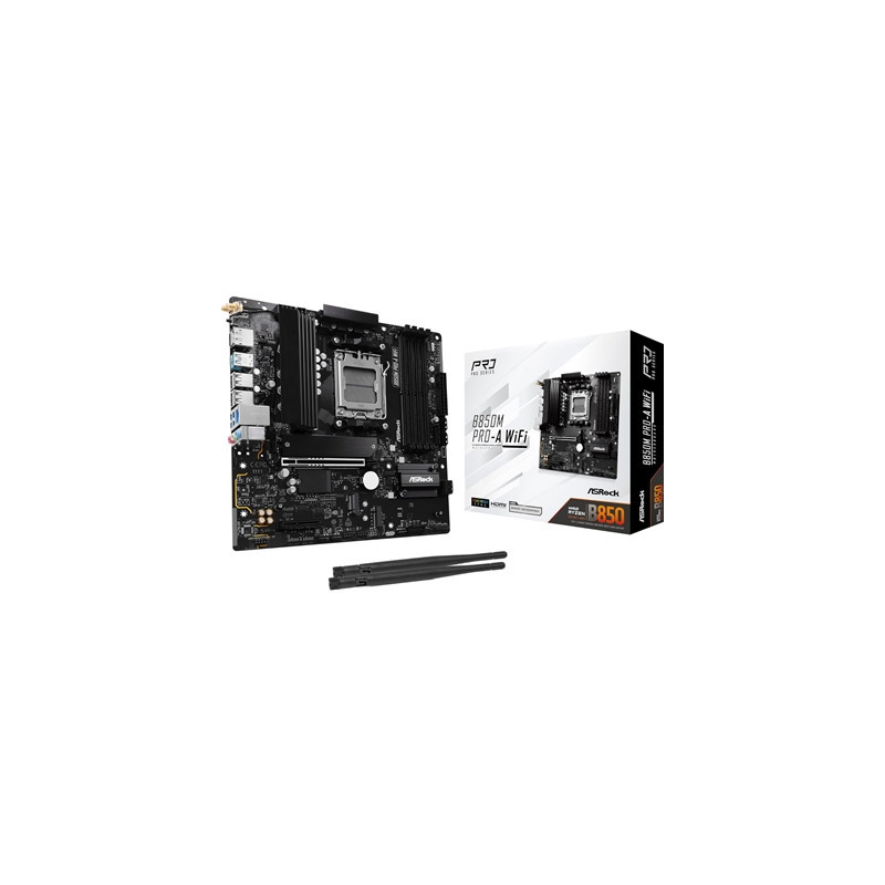 ASRock B850M Pro-A WiFi AMD AM5 Socket Motherboard  Micro-ATX  4x DDR5 Slots  3x M.2 Sockets  2.5GbE LAN  Wi-Fi 6E  1x DisplayPo