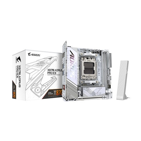 Gigabyte X870I AORUS PRO ICE AMD AM5 Socket Motherboard  Mini-ITX  2x DDR5 Slots  2x M.2 Sockets  3x USB-C Port  Fitted I/O Shie