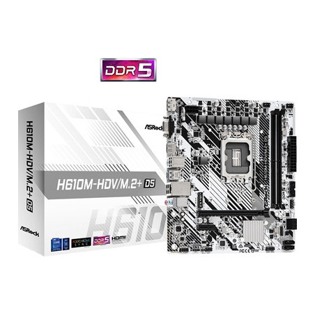 ASRock H610M-HDV/M.2+ D5 Intel 1700 Socket Motherboard  Micro-ATX  2x DDR5 Slots  1x M.2 Socket  1x USB-C Port  GbE LAN  1x D-Su