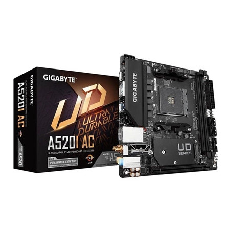 Gigabyte A520I AC Ultra Durable AMD AM4 Socket Motherboard  Mini-ITX  2x DDR4 Slots  1x M.2 Socket  GbE LAN  Wi-Fi 5  1x Display