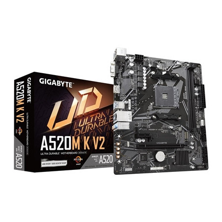 Gigabyte A520M K V2 Ultra Durable AMD AM4 Socket Motherboard  Micro-ATX  2x DDR4 Slots  1x M.2 Socket  GbE LAN  1x D-Sub / 1x HD