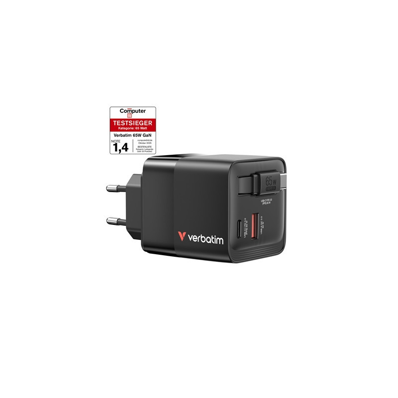 Verbatim GaN Wall Charger 65W 2 Port with Retractable Cable
