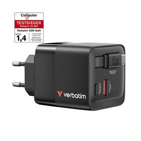 Verbatim GaN Wall Charger 65W 2 Port with Retractable Cable