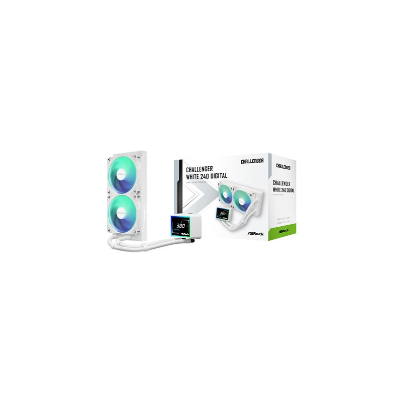 ASRock Challenger 240 Digital AIO Liquid CPU Cooler  240mm Radiator White  Dual 120mm PWM ARGB Fans  3“ Digital Display  Intel L