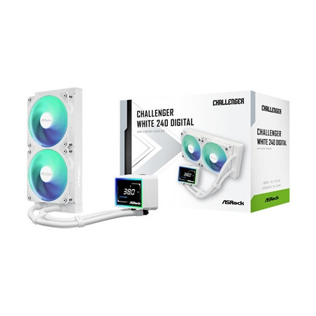 ASRock Challenger 240 Digital AIO Liquid CPU Cooler  240mm Radiator White  Dual 120mm PWM ARGB Fans  3“ Digital Display  Intel L