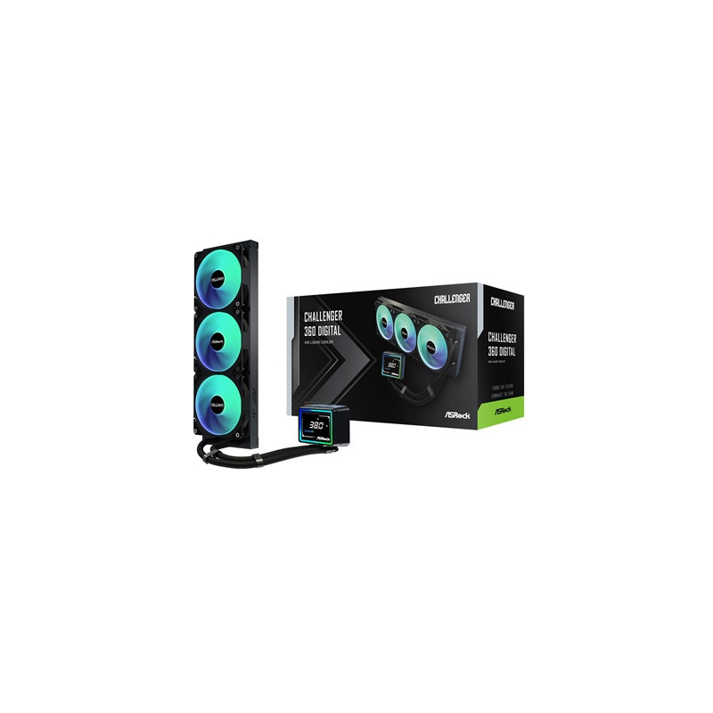 ASRock Challenger 360 Digital AIO Liquid CPU Cooler  360mm Radiator  Triple 120mm PWM ARGB Fans  3? Digital Display  Intel LGA17