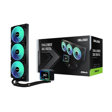 ASRock Challenger 360 Digital AIO Liquid CPU Cooler  360mm Radiator  Triple 120mm PWM ARGB Fans  3? Digital Display  Intel LGA17