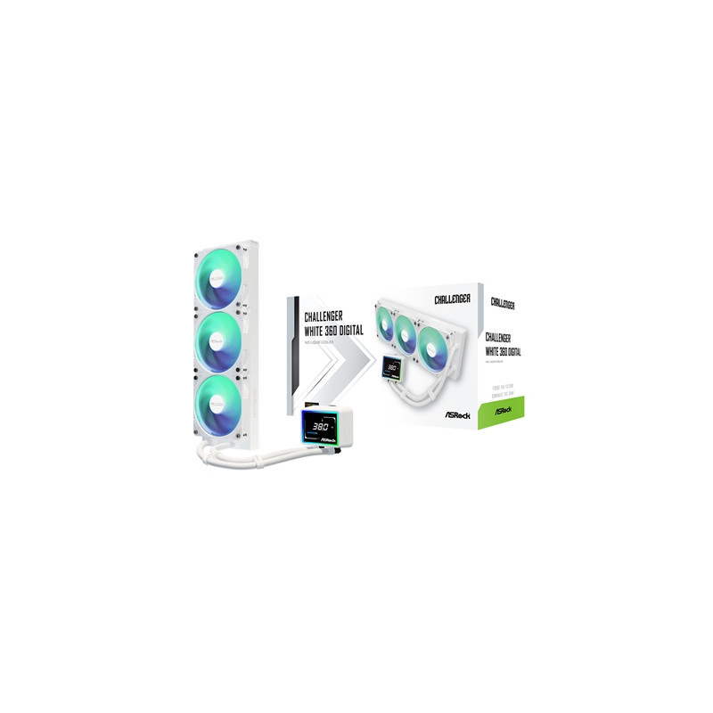 ASRock Challenger 360 Digital White AIO Liquid CPU Cooler  360mm Radiator  Triple 120mm PWM ARGB Fans  3? Digital Display  Intel