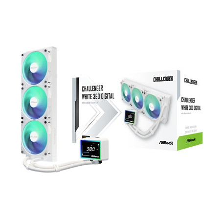 ASRock Challenger 360 Digital White AIO Liquid CPU Cooler  360mm Radiator  Triple 120mm PWM ARGB Fans  3? Digital Display  Intel