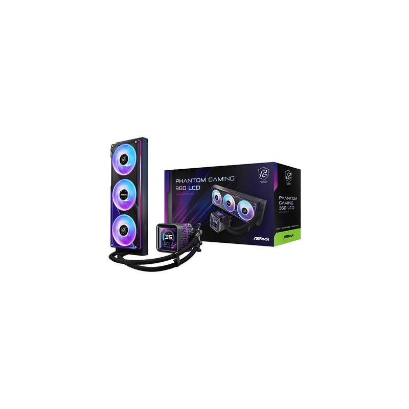 ASRock Phantom Gaming 360 LCD AIO Liquid CPU Cooler  360mm Radiator  Triple 120mm PWM ARGB Fans  LCD Display  Intel LGA1700/1851
