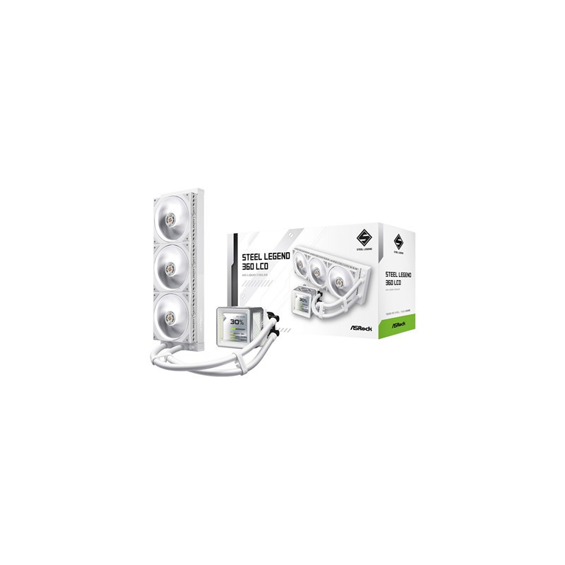 ASRock Steel Legend 360 LCD White AIO Liquid CPU Cooler  360mm Radiator  Triple 120mm PWM ARGB Fans  LCD Display  Intel LGA1700/