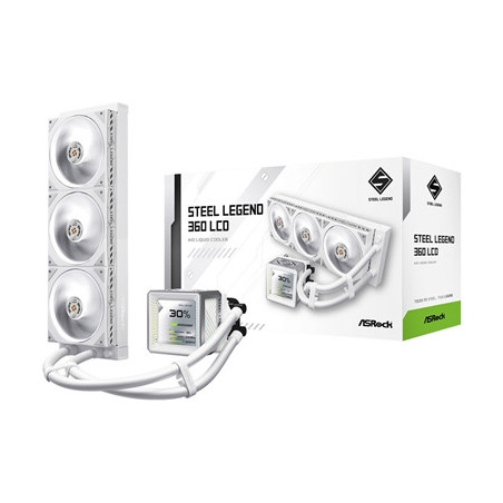 ASRock Steel Legend 360 LCD White AIO Liquid CPU Cooler  360mm Radiator  Triple 120mm PWM ARGB Fans  LCD Display  Intel LGA1700/