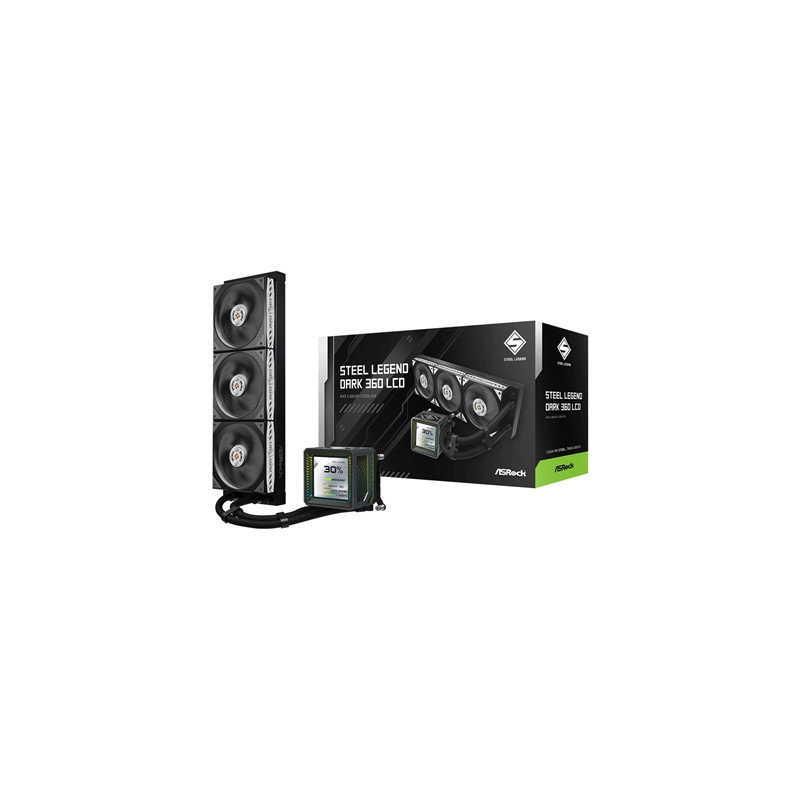 ASRock Steel Legend Dark 360 LCD AIO Liquid CPU Cooler  360mm Radiator  Triple 120mm PWM ARGB Fans  LCD Display  Intel LGA1700/1