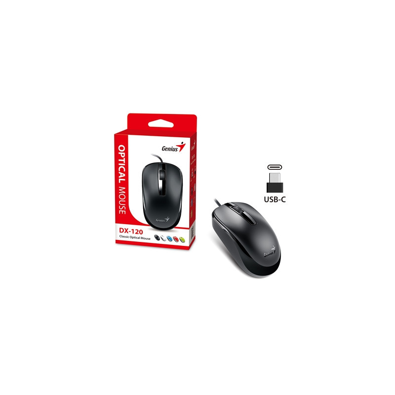 Genius DX-120 Wired USB Type-C Plug and Play Mouse  1200 DPI Optical Tracking  3 Button with Scroll Wheel  Ambidextrous Design w