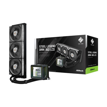 ASRock Steel Legend Dark 360 LCD AIO Liquid CPU Cooler  360mm Radiator  Triple 120mm PWM ARGB Fans  LCD Display  Intel LGA1700/1