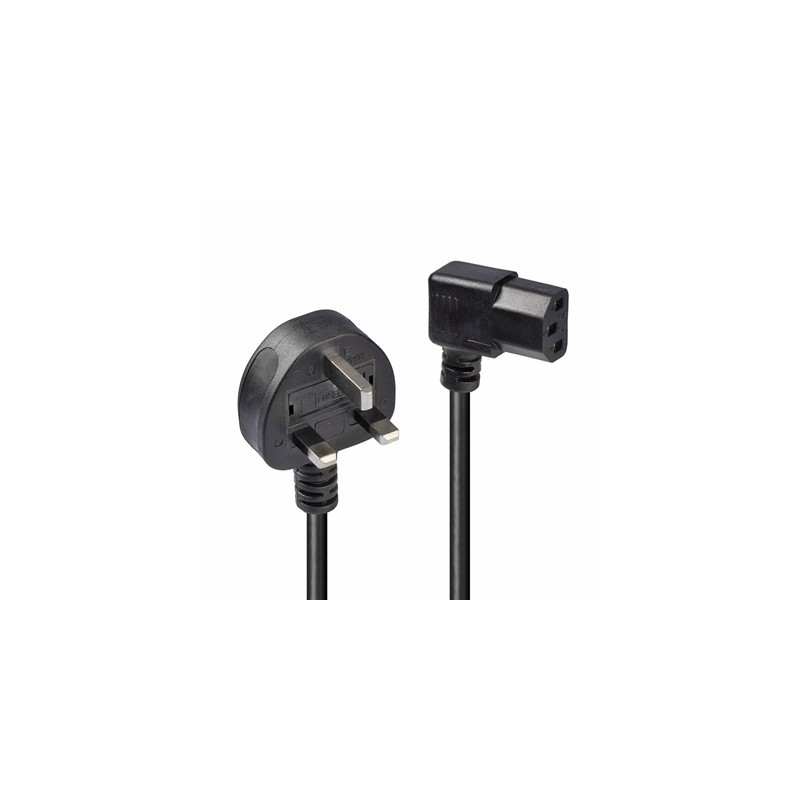 Lindy 30446 1m UK 3 Pin Plug To Right Angle IEC C13 (Kettle) 5 Amp Fuse Mains Extension Cable - Black