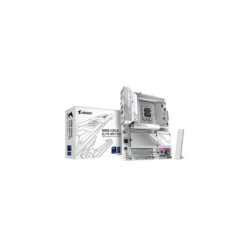 Gigabyte B860 AORUS ELITE WIFI7 ICE Intel 1851 Socket Motherboard  ATX  4x DDR5 Slots  3x M.2 Sockets  Fitted I/O Shield  2.5GbE