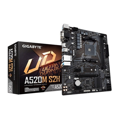 Gigabyte A520M S2H Ultra Durable AMD AM4 Socket Motherboard  Micro-ATX  2x DDR4 Slots  1x M.2 Socket  GbE LAN  1x D-Sub / 1x DVI