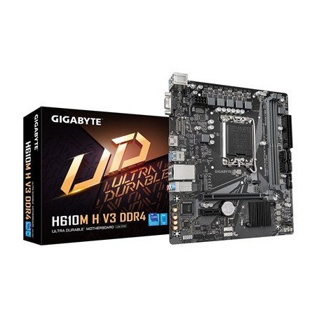 Gigabyte H610M H V3 DDR4 Ultra Durable Intel 1700 Socket Motherboard  Micro-ATX  2x DDR4 Slots  1x M.2 Socket  GbE LAN  1x D-Sub