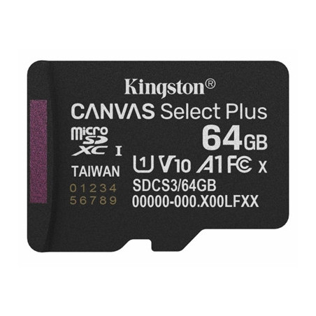 Kingston Canvas Select Plus  SDCS3/64GB 64GB Micro SD UHS-I (U1) Flash Card with Adapter