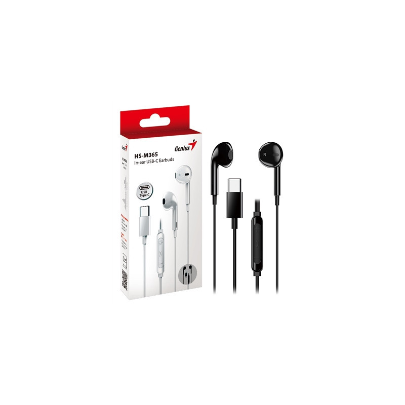 Genius HS-M365B USB-C In-Ear Wired Earbuds with In-Line Microphone and Volume Controls Black