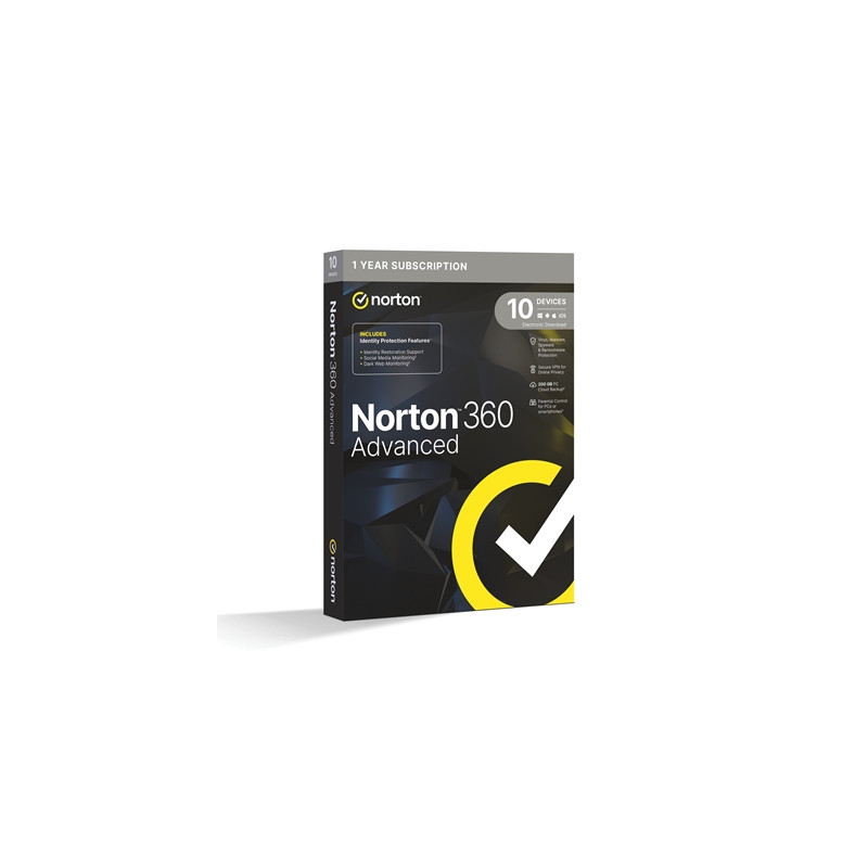 Norton 360 Advanced  Antivirus Software for 10 Devices  1-year Subscription  Includes Secure VPN  Dark Web Monitoring and Passwo