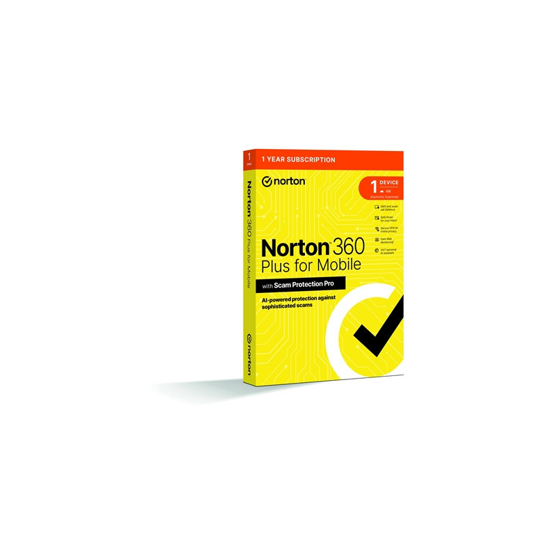 Norton 360 Plus Mobile 1 Device 1-year Subscription  Includes Secure VPN  Password Manager  Dark Web Monitoring and AI-Powered S