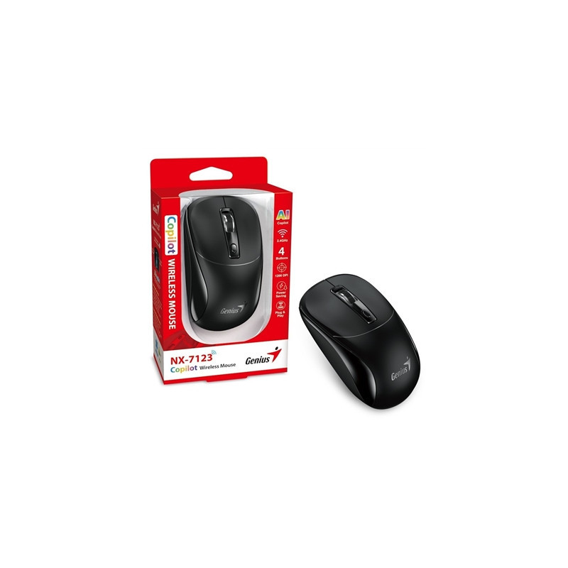 Genius NX-7123 Copilot AI Wireless Mouse  2.4 GHz with USB Receiver  1200 DPI  4 Button with Scroll Wheel  Ambidextrous Design  