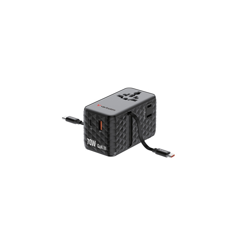 Verbatim Charge 'n' Travel 70W 2C Retractable Universal Travel Adapter Black  Fast Charging up to 70W