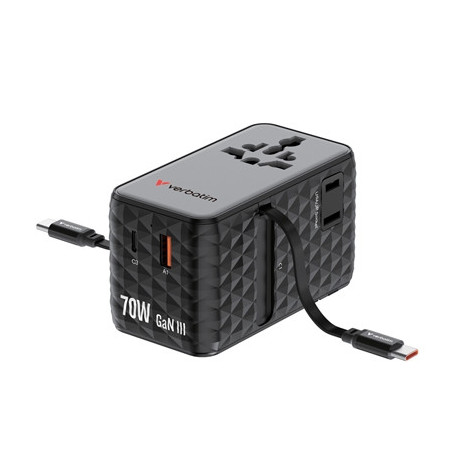 Verbatim Charge 'n' Travel 70W 2C Retractable Universal Travel Adapter Black  Fast Charging up to 70W
