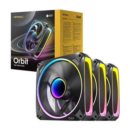 Antec Orbit 120 ARGB 120 mm PWM Fan Triple Pack  - 120 mm x 28 mm  Fluid Dynamic Bearing  200-2000 RPM  66.72 CFM  aRGB Lighting
