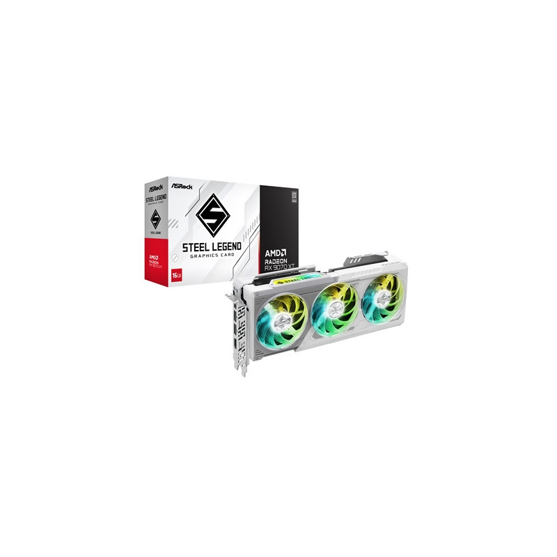 ASRock AMD Radeon RX 9070 XT Steel Legend 16GB GDDR6 Graphics Card  4096 Streams  2970MHz Boost Clock  Triple Fan  3x DisplayPor