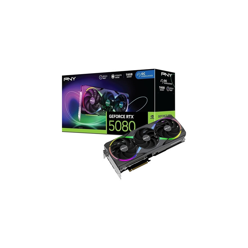 PNY NVIDIA GEFORCE RTX 5080 ARGB EPIC-X RGB OC 16GB  GDDR7 Graphics Card  10752 Cuda Cores  2.3GHz Core Clock  Triple Fan  3 x D