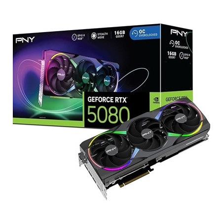 PNY NVIDIA GEFORCE RTX 5080 ARGB EPIC-X RGB OC 16GB  GDDR7 Graphics Card  10752 Cuda Cores  2.3GHz Core Clock  Triple Fan  3 x D