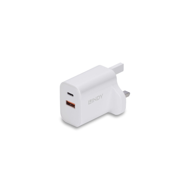 LINDY 73425 30W USB Type A & C Charger UK Plug  3A  Power Delivery 3.0 + PPS  2 Output Connectors (USB  24 pin USB-C)  White