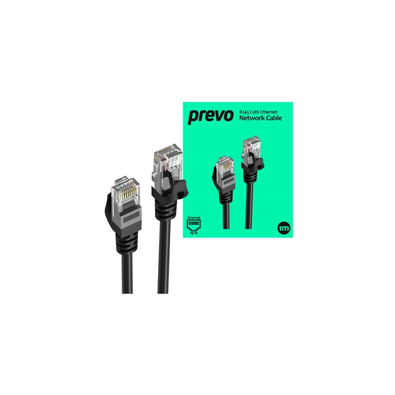 Prevo CAT6-BLK-1M Network Cable  RJ45 (M) to RJ45 (M)  CAT6  1m  Black  Oxygen Free Copper Core  Sturdy PVC Outer Sleeve & Clip 