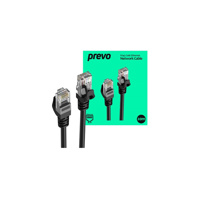 Prevo CAT6-BLK-20M Network Cable  RJ45 (M) to RJ45 (M)  CAT6  20m  Black  Oxygen Free Copper Core  Sturdy PVC Outer Sleeve & Cli