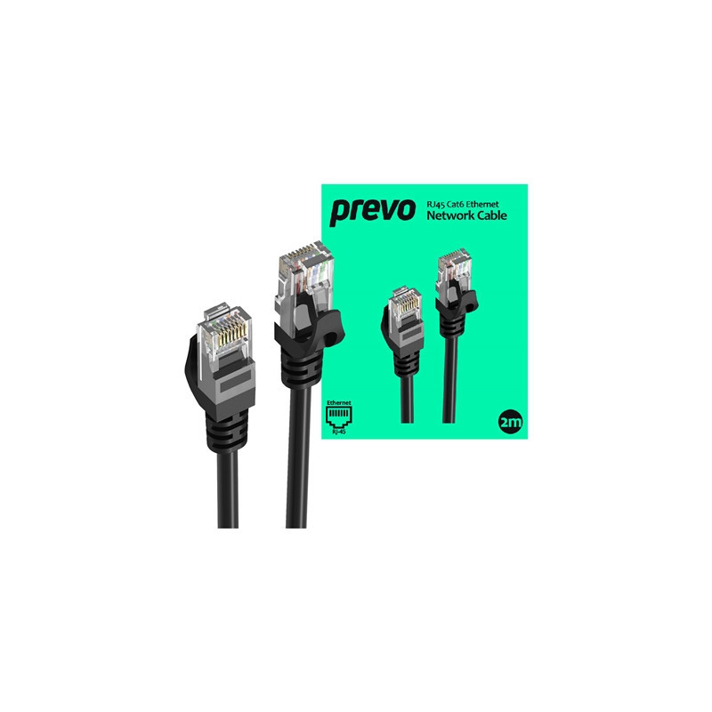 Prevo CAT6-BLK-2M Network Cable  RJ45 (M) to RJ45 (M)  CAT6  2m  Black  Oxygen Free Copper Core  Sturdy PVC Outer Sleeve & Clip 