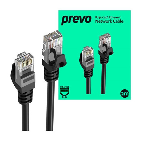 Prevo CAT6-BLK-2M Network Cable  RJ45 (M) to RJ45 (M)  CAT6  2m  Black  Oxygen Free Copper Core  Sturdy PVC Outer Sleeve & Clip 