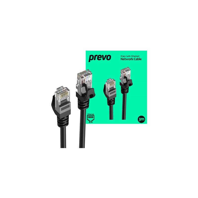 Prevo CAT6-BLK-3M Network Cable  RJ45 (M) to RJ45 (M)  CAT6  3m  Black  Oxygen Free Copper Core  Sturdy PVC Outer Sleeve & Clip 
