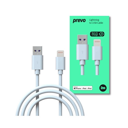 Prevo USB-LIGHTNING-2M Lightning Cable  USB 2.0 A (M) to Apple Lightning (M)  2m  White  MFI Certified  Fast Charging up to 2.1A