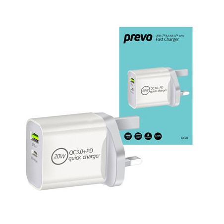 Prevo QC70 20W USB Type-C & USB Type-A Fast Charge Mains Charger with QC 3.0 for Laptops  Ultrabooks  Chromebooks  iPads  MacBoo