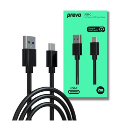 Prevo USBA-USBC-2M Data Cable  USB 2.0 Type-A (M) to USB 2.0 Type-C (M)  2m  Black  Fast Charging up to 2.1A / 5V  Nickel Plated