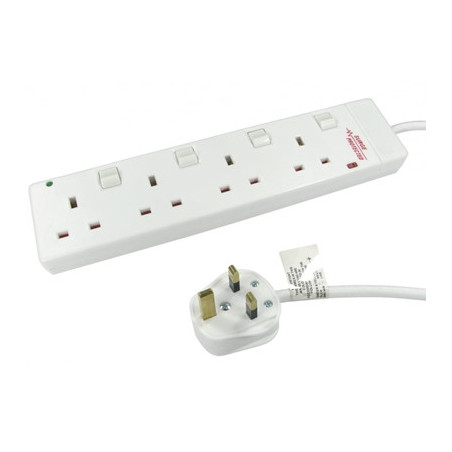2m 4 Gang Surge Protected LED Indicator Individually Switched UK Mains Extension - White