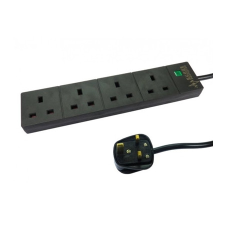 2m 4 Gang Surge Protected LED Indicator UK Mains Extension - Black