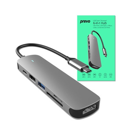 Prevo C605A 6-In-1 USB-C 4K Media and Data Transfer Hub Docking Station with 60W Passthrough  USB-C  HDMI  SD  USB-A  for PC  La