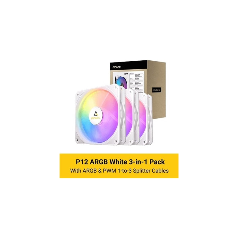 Antec P12 ARGB PWM 120mm Fan 3 Pack - 4-Pin  White  High-Airflow Cooling  9-Blade Design with Anti-Vibration Pads