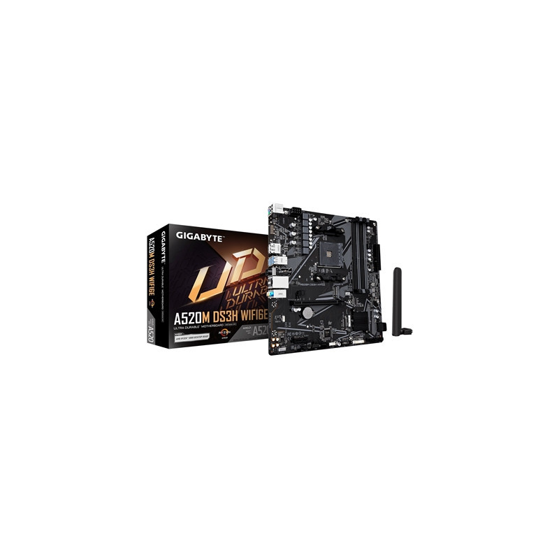 Gigabyte A520M DS3H WIFI6E AMD AM4 Socket Motherboard  Micro-ATX  4x DDR4 Slots  1x M.2 Socket  GbE LAN  Wi-Fi 6E  1x DisplayPor