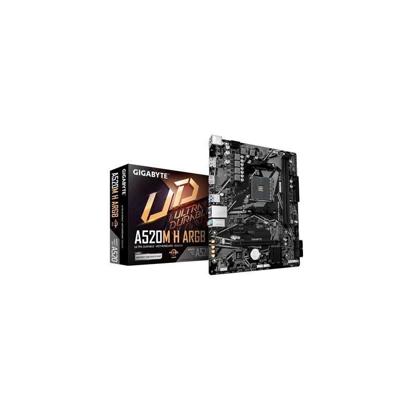 Gigabyte A520M H ARGB AMD AM4 Socket Motherboard  Micro-ATX  2x DDR4 Slots  1x M.2 Socket  GbE LAN  1x DisplayPort / 1x HDMI Por