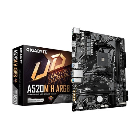 Gigabyte A520M H ARGB AMD AM4 Socket Motherboard  Micro-ATX  2x DDR4 Slots  1x M.2 Socket  GbE LAN  1x DisplayPort / 1x HDMI Por